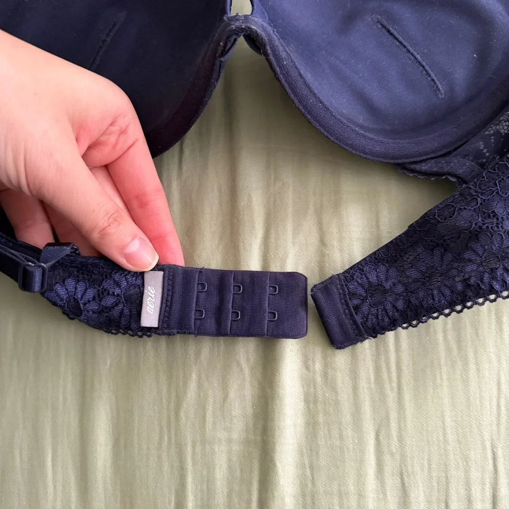Navy Blue Floral Lace Push Up Bra 32C & Matching Cheeky Panties XS Daisy Set